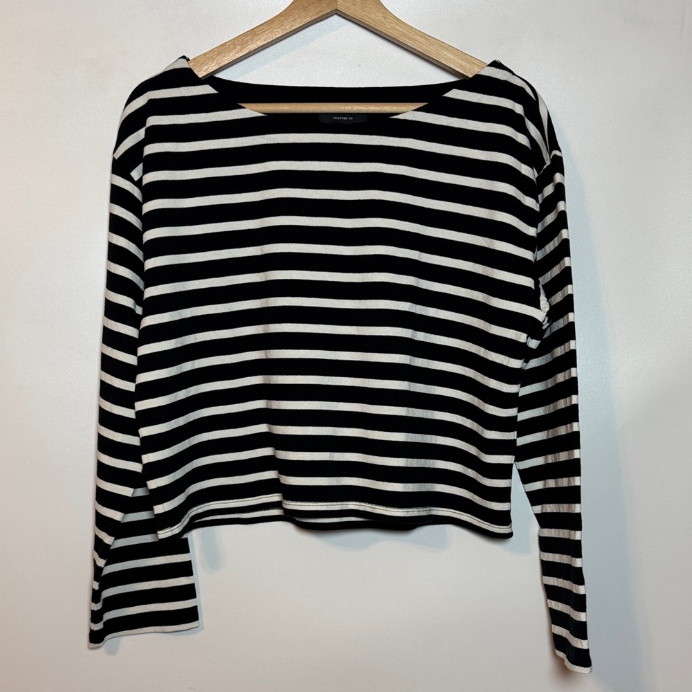 J. Crew Black and White Striped Cropped Boatneck Shirt - Picture 2 of 5